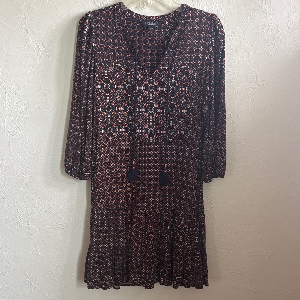 Liverpool Navy and Orange Printed Tie-Front 3/4  Sleeve Dress